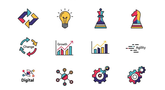 Dual color business transformation icons. Solid glyph vector set for innovation, strategy, growth, agility, and digital transformation..eps