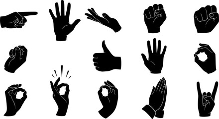 Fototapeta premium Hand gesture silhouettes vector illustration set, black human hands collection with pointing, open palm, fist poses for icon, sign, design use 
