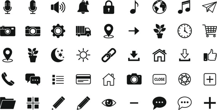 Universal solid interface icons set including media communication navigation security files home and web elements black silhouette vector collection