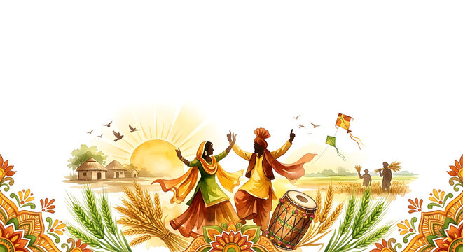 Happy Baisakhi indian festival punjabi dance joy and celebration background.
