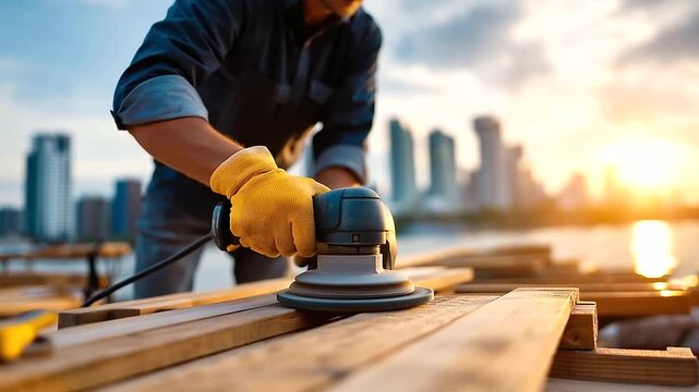 Close-up of gloved hands sanding wooden planks with power sander at construction site, golden hour sunset light, blurred city skyline, home renovation, woodworking process, shallow