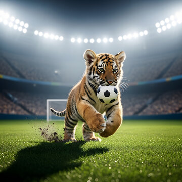 Tiger runs with soccer ball on stadium field at night