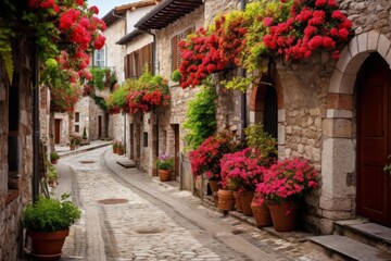 Obraz premium Stone houses line a charming alleyway adorned with vibrant red and pink geraniums in bloom