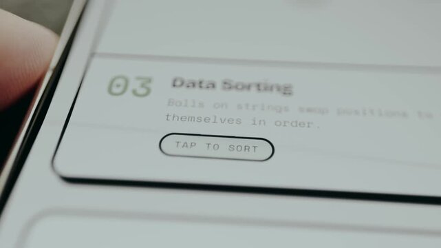 Data Sorting, person taps digital button to sort