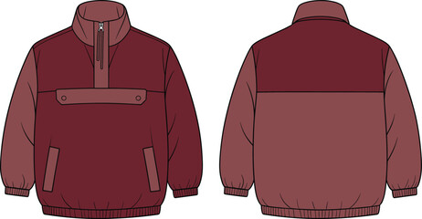 Unisex maroon color block anorak puffer jacket flat lay illustration, front and back view, half zip pullover, comfortable autumn and winter clothing vector art. © MdShahedur