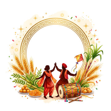 Indian festival baisakhi celebrate punjabi couple dance and advertising sale promo in circular background.