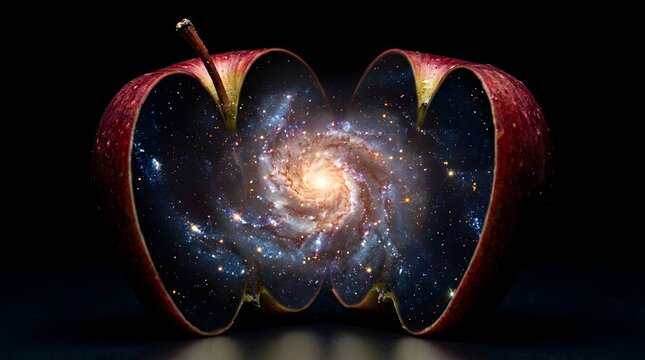 A surreal image of a halved red apple revealing a vibrant galaxy inside