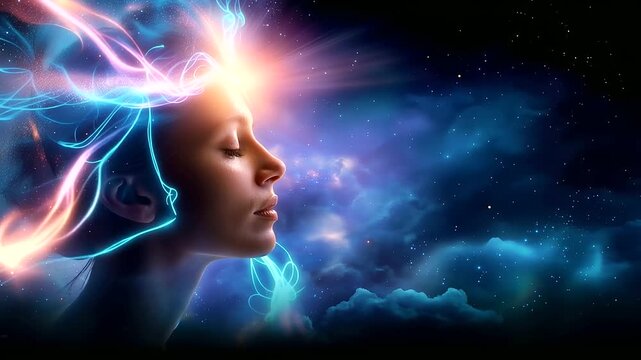 Faceless male portrait illuminated by vibrant blue, pink, and orange energy patterns, consciousness and technology fusion, cosmic cloudy background with subtle stars, soft focus gl