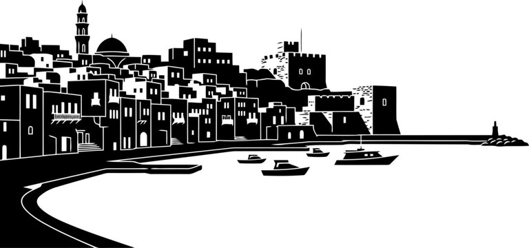 Byblos city skyline silhouette, ancient Phoenician coastal town, harbor, old stone buildings.