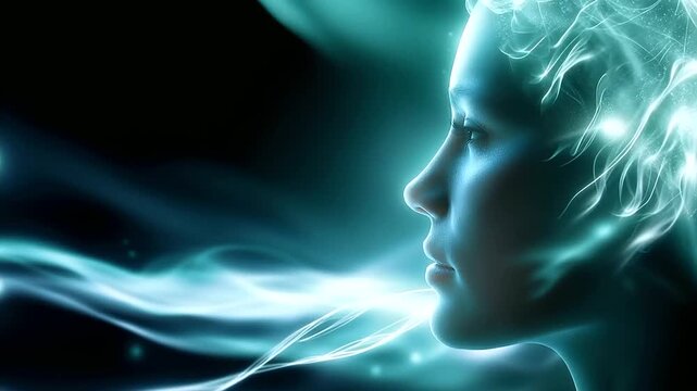 Abstract faceless human face enveloped by ethereal light beams and digital vapor, mindscape visualization, thought and consciousness in the digital age, cinematic lighting, defocus