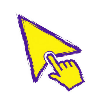 A stylized yellow computer mouse with a hand pointing at its scroll wheel isolated on transparent background