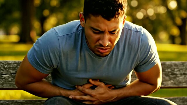 man experiences stomach pain while gripping abdomen on park bench under warm sunlight or person clutching stomach on sunlit park bench during abdominal discomfort outdoors