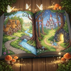 Enchanting Storybook Unfolding Magical Worlds of Imagination, Revealing a Quaint Village and a Majestic Castle in a Whimsical, Luminous Fantasy Dreamscape © Jo