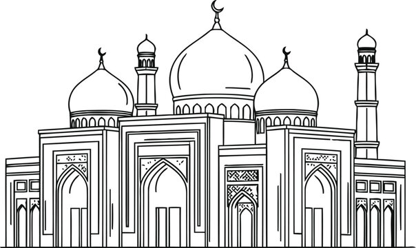 A detailed black and white line art illustration of a traditional islamic mosque architecture