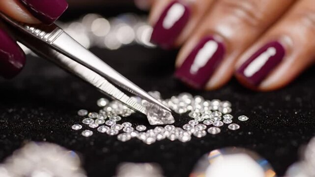 Close-up of a jeweler using tweezers to examine small diamonds.