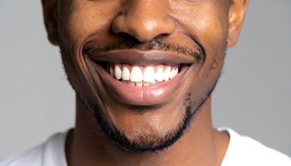 Naklejka premium Close-up of a smiling individual's mouth, showcasing bright, healthy teeth and a trimmed beard. The subject wears a simple white shirt