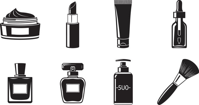 Black and white illustration of various makeup products and cosmetics including lipstick, mascara, perfume, and makeup brush on white background