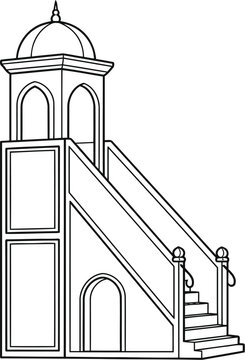 A simple black and white line drawing of a traditional islamic mosque minbar pulpit for sermons