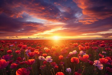 Obraz premium Red poppy flowers filling a field under a dramatic sunset