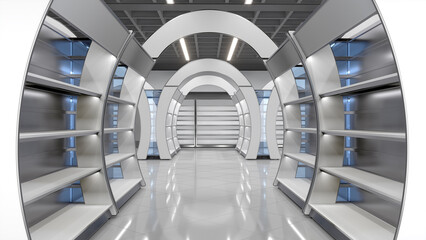 Aisle between rows of curved retail gondola shelving and under arched banners. 3d illustration © Wire_man