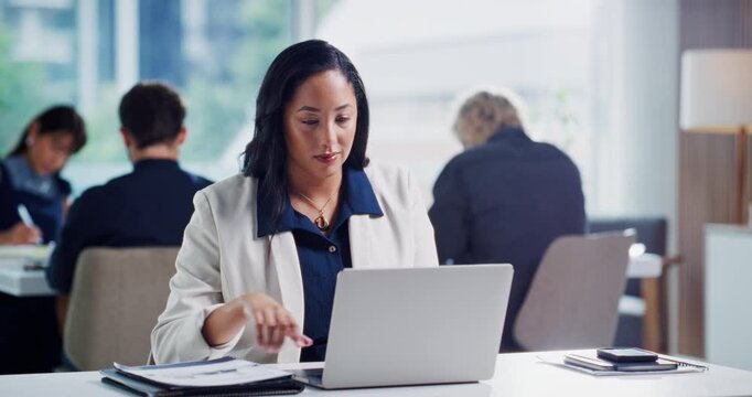 Business, woman or laptop with documents at desk for bookkeeping, performance review or coworking. Office, accountant and tech with report to compare client info, audit compliance and risk assessment