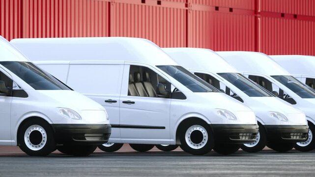 Row of White Delivery Vans Parked Front of Red Shipping Containers Showcasing Fleet Ready for Logistics and Transportation Services with Clean and Modern Design Emphasizing Efficiency and Uniformity