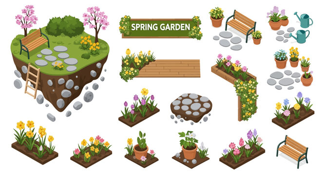 Isometric spring garden scene with blooming flowers, stone path, pots, bench, and watering can for landing page or seasonal promo design