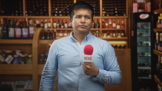 Man reporter holding red microphone labeled news and pointing finger inside a liquor store building with shelving of bottles and a glass cooler, light blue shirt and neutral gaze; serious update.