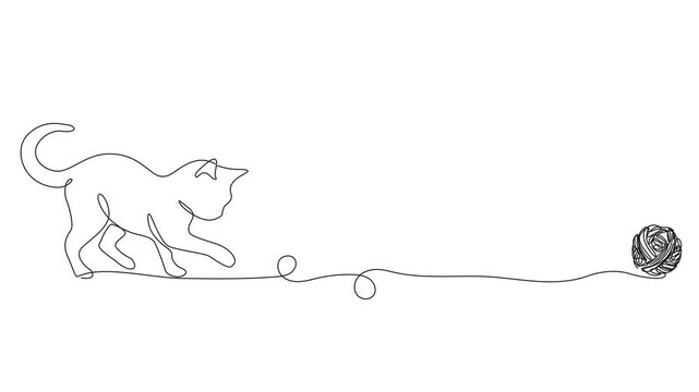 animated minimalistic continuous line drawing of cat playing with ball of wool, line art animation