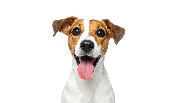 Close-up of a smiling, medium-sized canine with a predominantly white coat and brown markings, on a simple white background