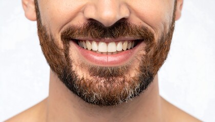 Fototapeta premium Close-up of a smiling man's face, highlighting teeth and a full, multi-toned beard against a bright, clean background