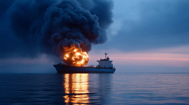 Image of a large transport ship exploding in the middle of the sea, black smoke rising high, time 6am, early morning, photo taken with a 4k quality camera