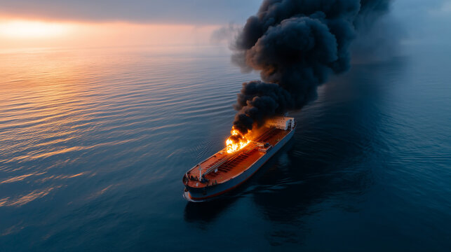 Image of a large transport ship exploding in the middle of the sea, black smoke rising high,  early morning,
