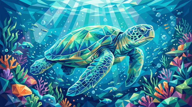 A stunning low poly illustration of a sea turtle swimming in a vibrant ocean. This magical underwater scene with a coral reef is perfect for conservation or nature concepts.