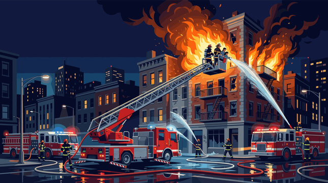 Dramatic illustration of firefighters extinguishing a blazing building fire at night. A heroic emergency response team in an urban rescue operation. Ideal for safety concepts.