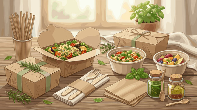 Illustration of healthy takeout meals like quinoa salad and fruit in eco-friendly containers. A warm, natural scene promoting sustainable food delivery and healthy lifestyle.