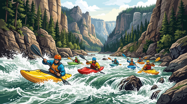 An adventurous group kayaking on a wild river through a scenic canyon. This action-packed illustration evokes excitement, teamwork, and outdoor sport. Perfect for travel concepts.