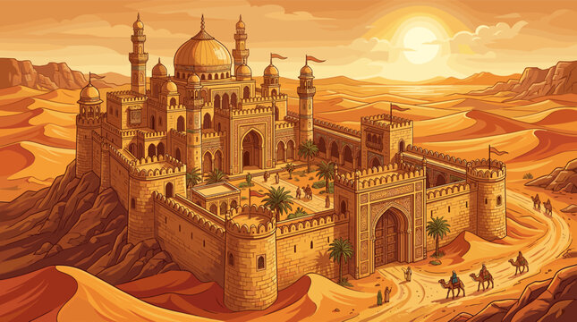 Vibrant illustration of a majestic Arabian desert city at sunset. A camel caravan approaches the ancient fortress, evoking a sense of fantasy, history, and adventure.