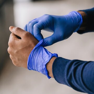 A person wearing blue latex gloves putting on a protective glove