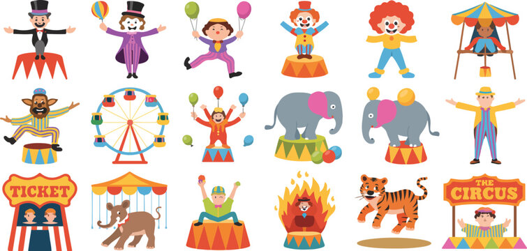 Set of colorful circus characters and amusement park elements, fun carnival icons and attractions in playful flat vector illustration collection