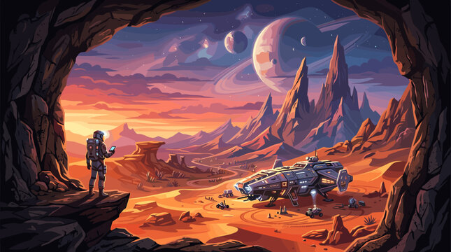 An astronaut explorer observes a vast alien planet landscape from a cave. A futuristic spaceship and rovers explore the valley at sunset. Sci-fi concept for adventure and discovery.