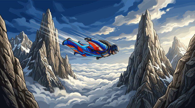 Illustrated daredevil in a wingsuit flies at high speed between snowy mountains above clouds. Concept for freedom, extreme sports, adventure, and courage. Dynamic vector art.