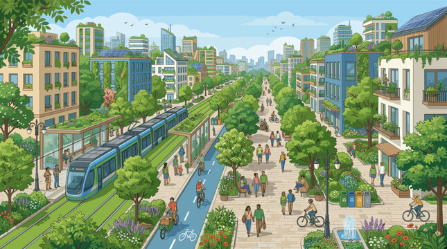Vibrant illustration of a sustainable future city with eco-friendly transport and green buildings. People enjoying a healthy urban lifestyle. Perfect for environmental themes.