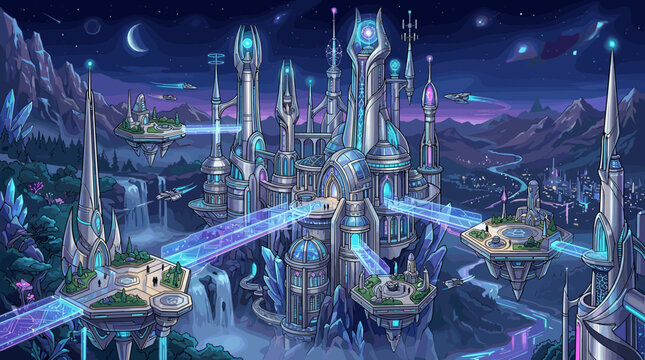 Vibrant illustration of a futuristic alien city at night. Floating platforms, glowing architecture, and flying cars create a magical, high-tech world for sci-fi or fantasy concepts.
