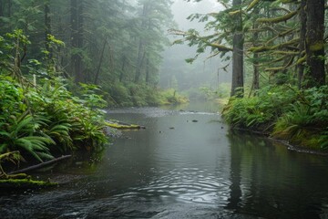 Obraz premium Atmospheric rainforest scene with fog hanging over a river flowing through lush vegetation