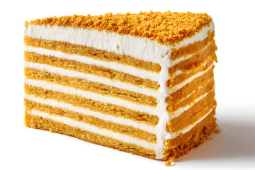 Fototapeta premium Precise Tall Slice of Isolated Russian Honey Cake Medovik with Cream and Crumble Layers on White Background