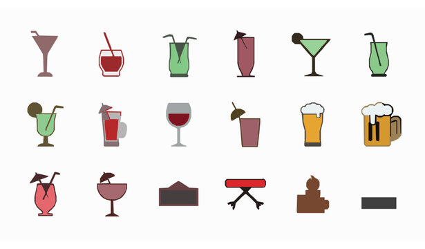 Flat Drinks and Alcohol Icon Set &ndash; Cocktail, Beer, Wine Vector Collection