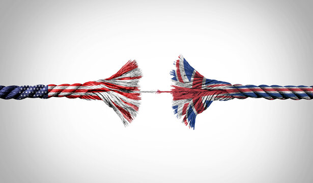 Britain and US crisis concept as a Broken Rope stretched with force and stressed to a decoupling metaphor for pressure on the economic and political relationship between London and Washington as stres