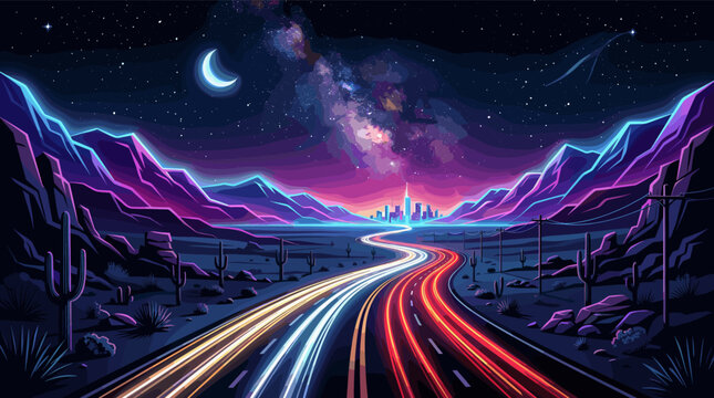 A vibrant, stylized illustration of a desert highway at night. Neon light trails lead to a futuristic city under a starry sky with the Milky Way. Ideal for sci-fi or music themes.