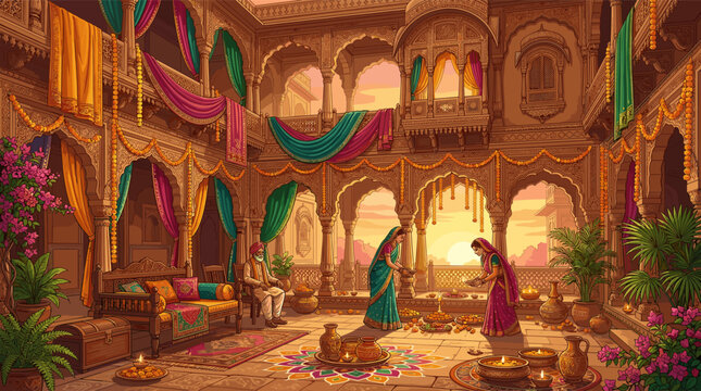 Vibrant illustration of an Indian family celebrating Diwali. Women light diyas in a palace courtyard with rangoli and marigolds at sunset. Perfect for festive, cultural content.